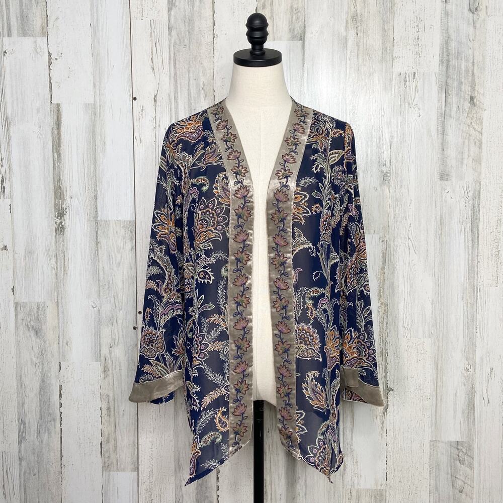 Belle by Kim Gravel Paisley Kimono Blue Velvet Floral Embroidered Boho Size S - Picture 7 of 7